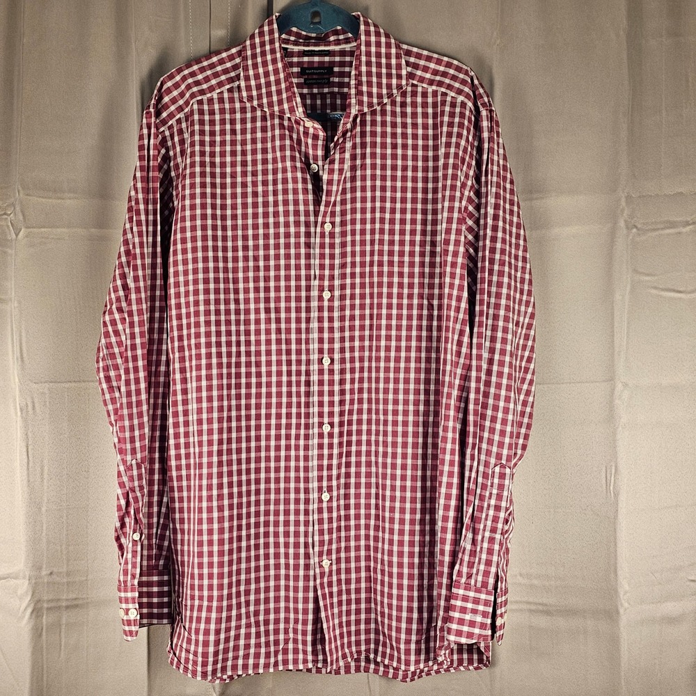 Suitsupply Mens Burgundy White Plaid Long Sleeve Button Down Shirt 44 17.5